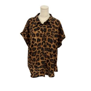 SHEIN CURVE Leopard Print Button Down Shirt Women 1XL Brown Black Short Sleeve